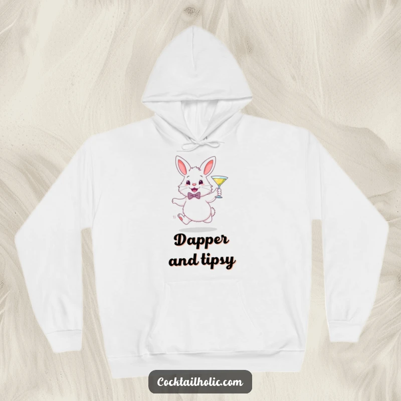 Funny hoodie featuring a fluffy white bunny in a bowtie, gleefully hopping and holding a miniature martini glass, perfect for cozy celebrations.