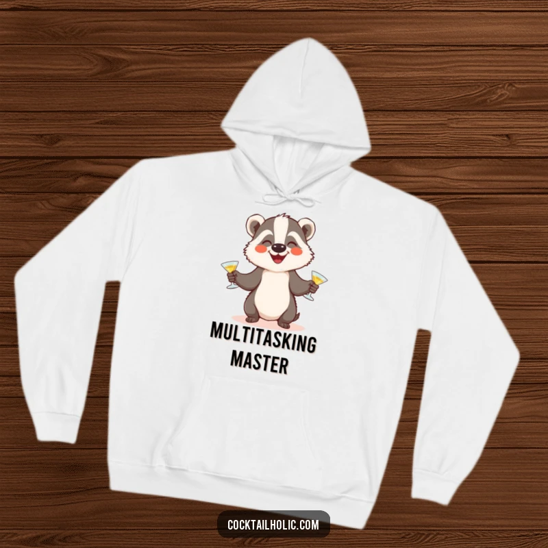 Funny badger hoodie featuring a happy badger character juggling tiny cocktail glasses, embodying playful energy and skill.