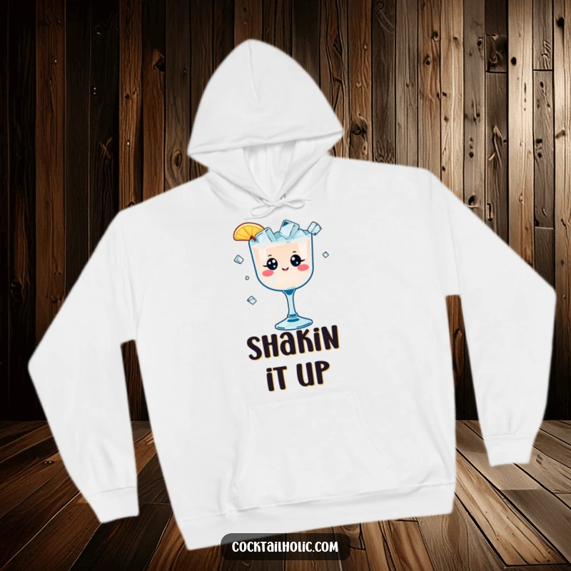 Funny hoodie depicting a kawaii cocktail glass with cheerful eyes, juggling small ice cubes, cozy and humorous apparel.