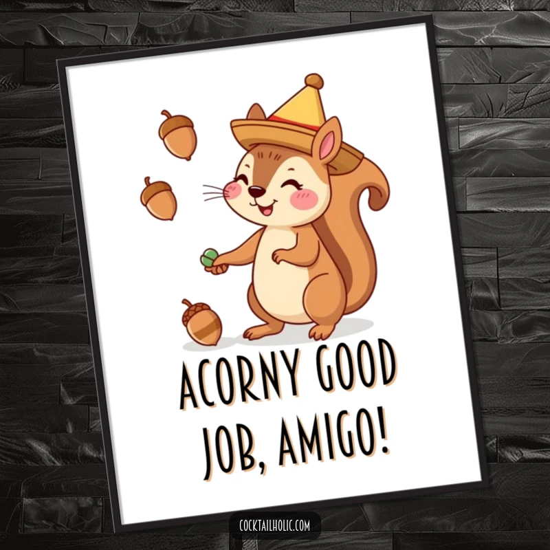 Funny Free Printable Squirrel Wall Art: A cheerful squirrel in a sombrero juggles acorns, bringing festive vibes.