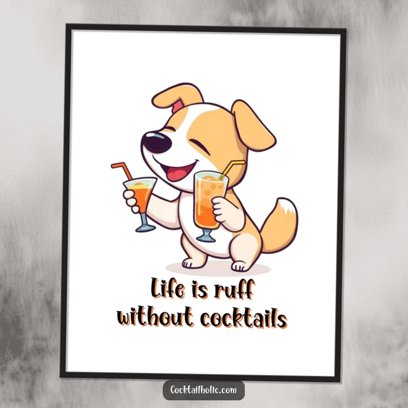 Funny Free Printable Wall Art: Delighted dog wagging its tail, holding a cocktail, radiating happiness.