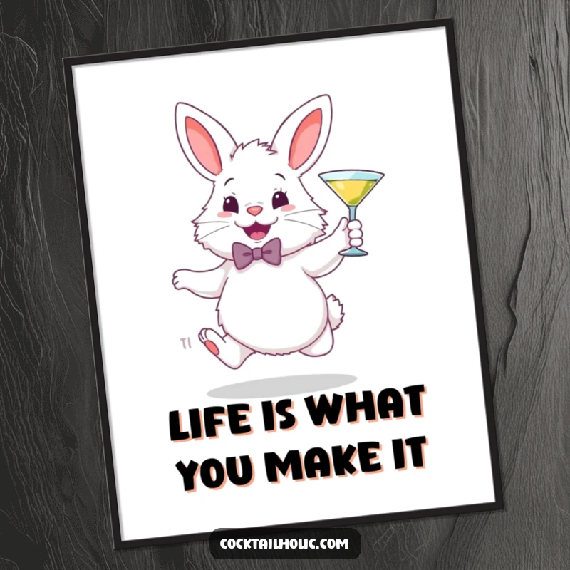 Funny Free Printable Wall Art: A fluffy white bunny in a tiny bowtie, gleefully hopping with a miniature martini glass.