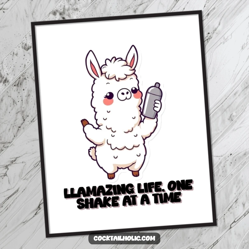 Funny Free Printable Wall Art: A wobbly llama character with a wide grin, energetically shaking a cocktail shaker, perfect for a fun decor piece.