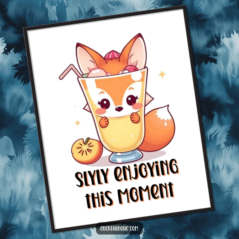 Funny Free Printable Wall Art: Shy fox peeking from behind a giant cocktail, embodying playful mystery and understated humor.