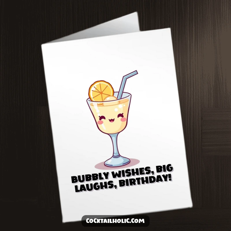 Funny free printable birthday card featuring a kawaii cocktail glass struggling to sip a giant bubble, hilariously thirsty.