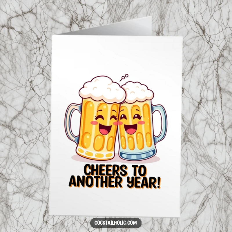 Funny Free Printable Birthday Card: Two cheerful beer mugs with frosty foam attempting a high-five, celebrating with humor.