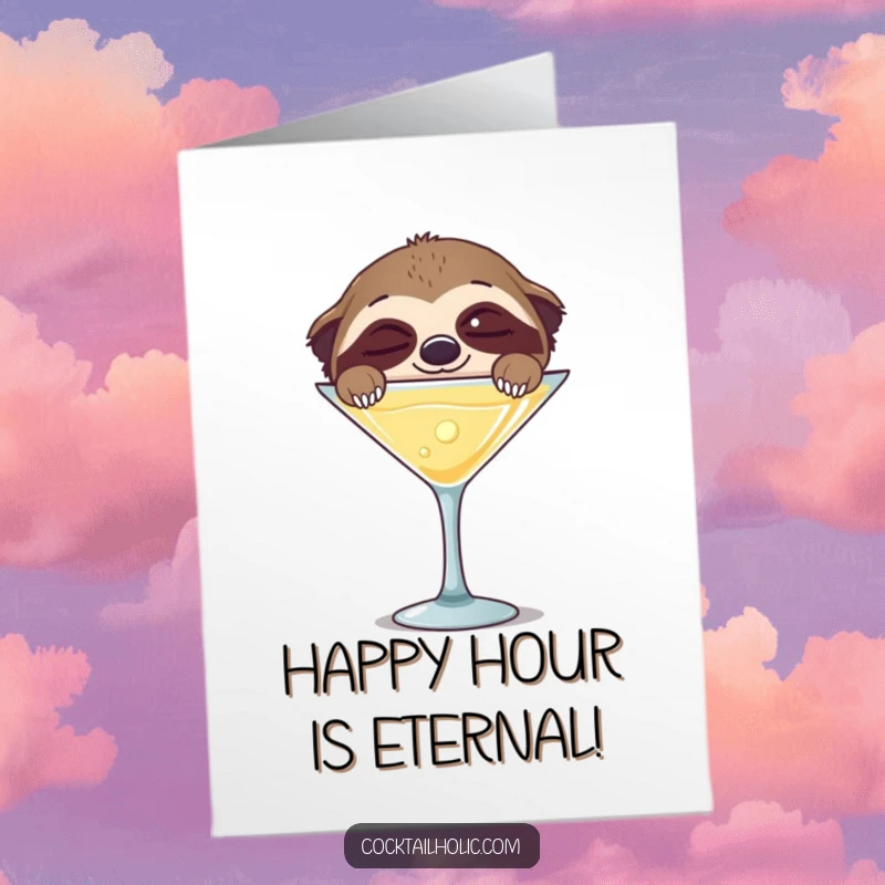 Funny Free Printable Birthday Card: Sleepy sloth with big happy eyes peeking over a giant martini glass, ready to celebrate.