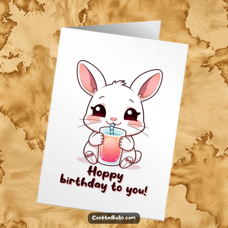 Funny Free Printable birthday card featuring a content rabbit sipping a drink with a straw.