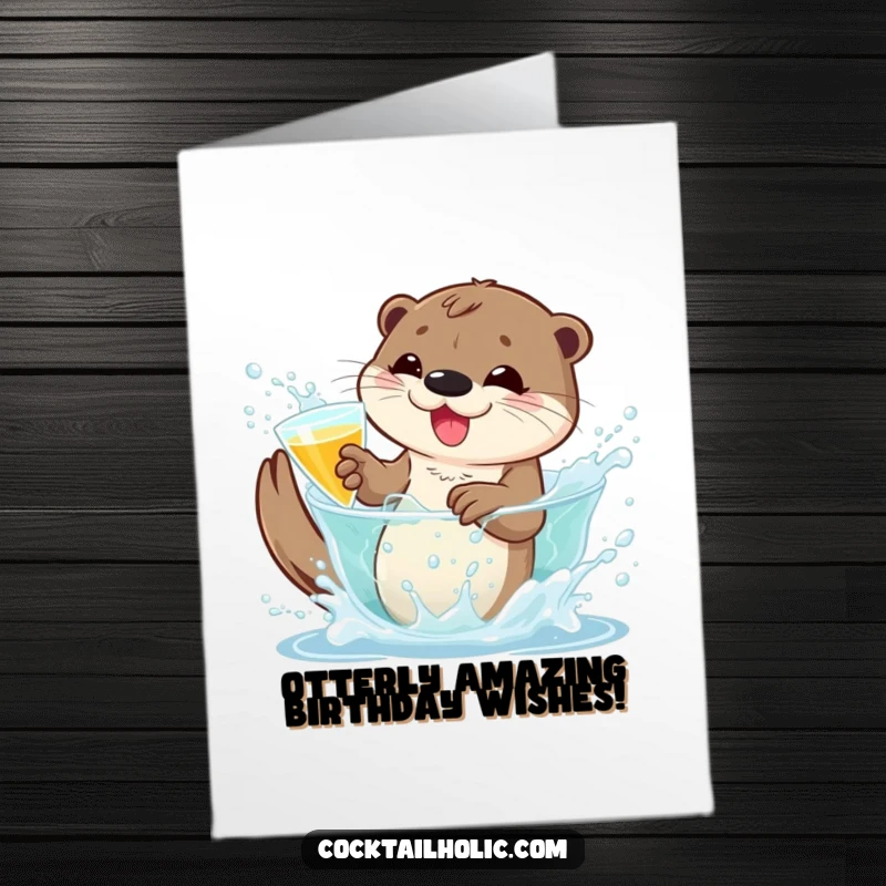 Funny Free Printable Birthday Card: Playful otter splashing in a bubbly cocktail, celebrating a birthday with aquatic enthusiasm.