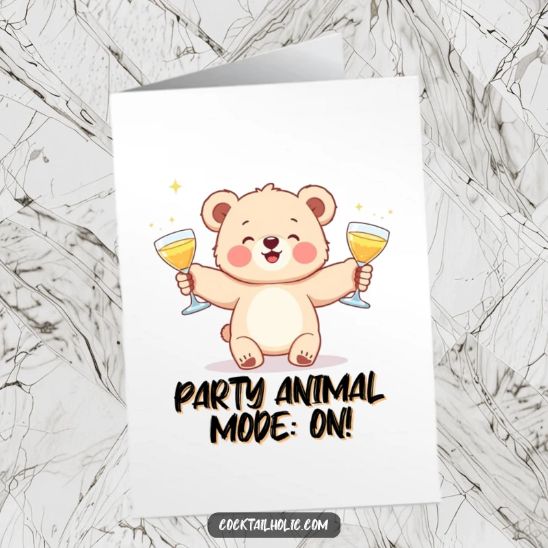 Funny Free Printable Birthday Card: Fluffy bear cub gleefully juggling three shiny cocktail glasses, ready to party.