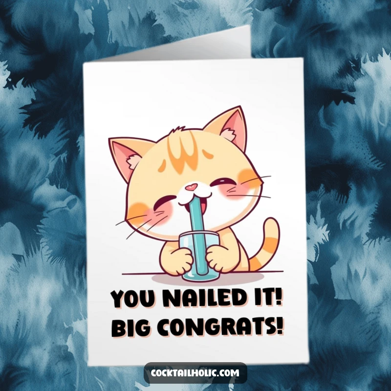 Funny Free Printable Cat Congratulations Card: Giggling cat attempts to drink from a comically large straw, celebrating a milestone.