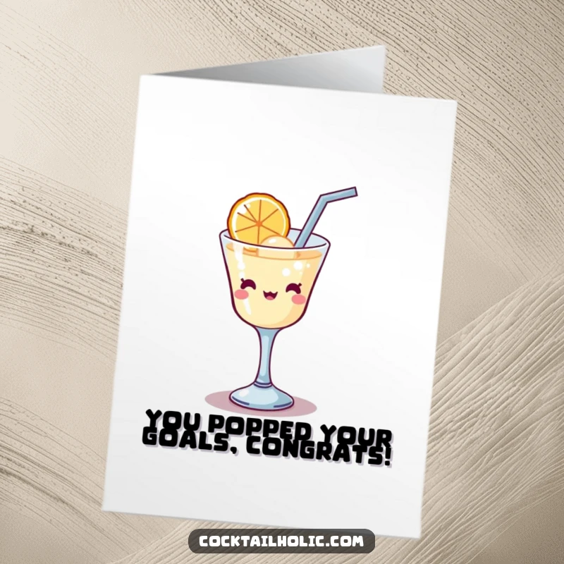 Funny free printable congratulations card: a kawaii cocktail glass gleefully sipping a large bubble, celebrating success.