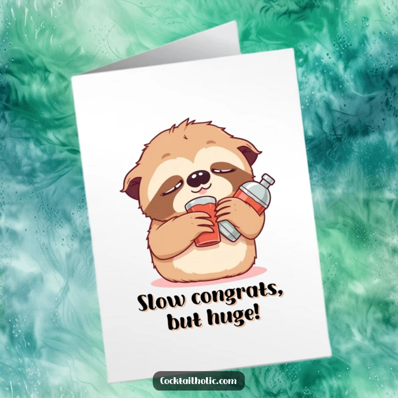 Funny Free Printable Congratulations Card: A sleepy sloth leaning on a stuffed cocktail shaker, conveying congrats.