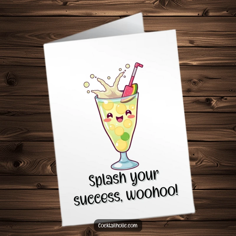 Funny free printable congratulations card: a kawaii cocktail glass enthusiastically mixing ingredients with a big splash, celebrating.