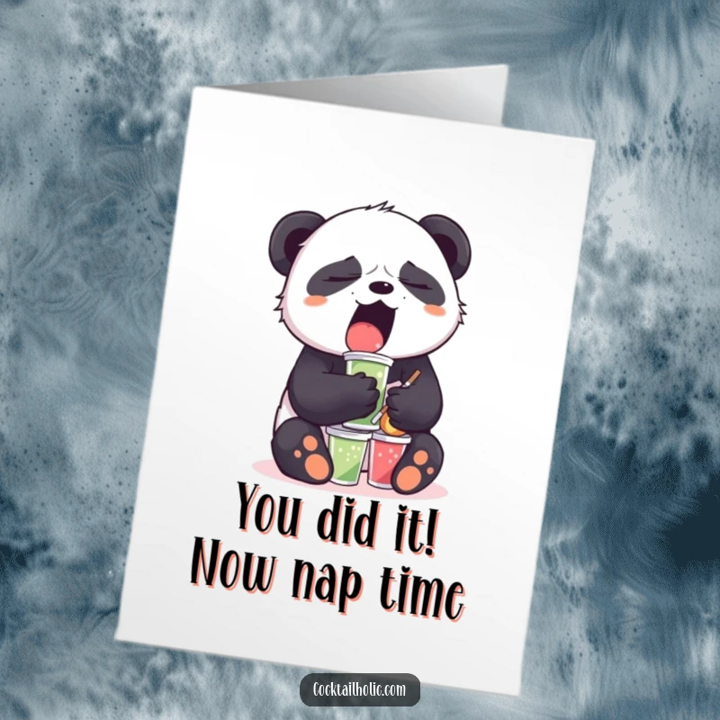 Funny Free Printable Congratulations Card: A sleepy panda yawns while expertly balancing a stack of mini drinks, celebrating your achievement.