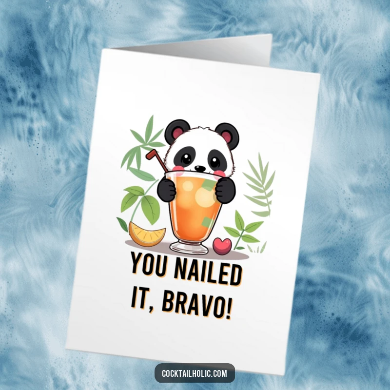 Funny Free Printable Congratulations Card: Playful panda holding a big cocktail, celebrating a big win.