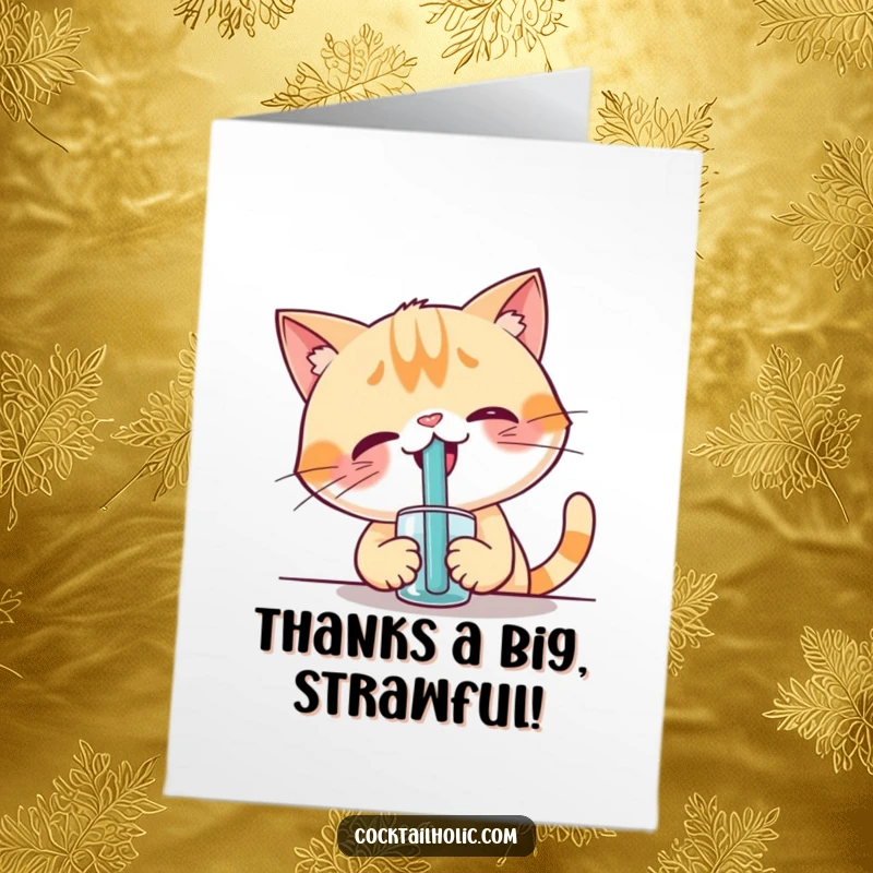 Funny Free Printable Cat Thank You Card: Giggling cat with a huge straw, expressing comical gratitude.