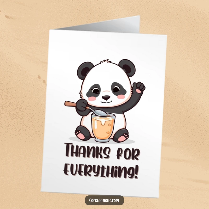 Funny Free Printable Thank You Card: A panda bear using an oversized spoon to mix a drink, with a small spill.