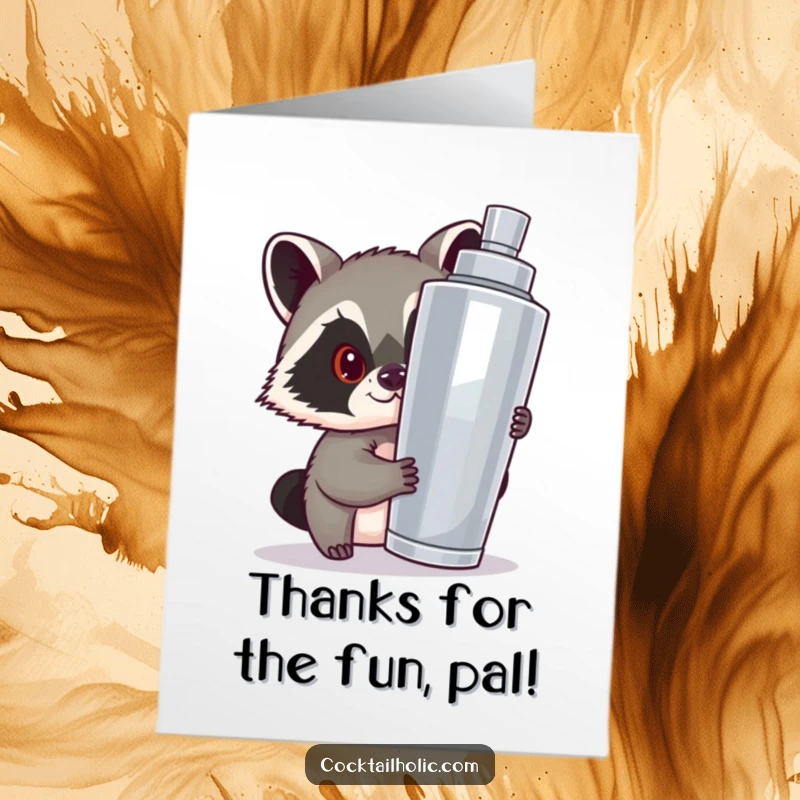 Funny Free Printable thank you card of a mischievous raccoon peeking from behind a cocktail shaker.