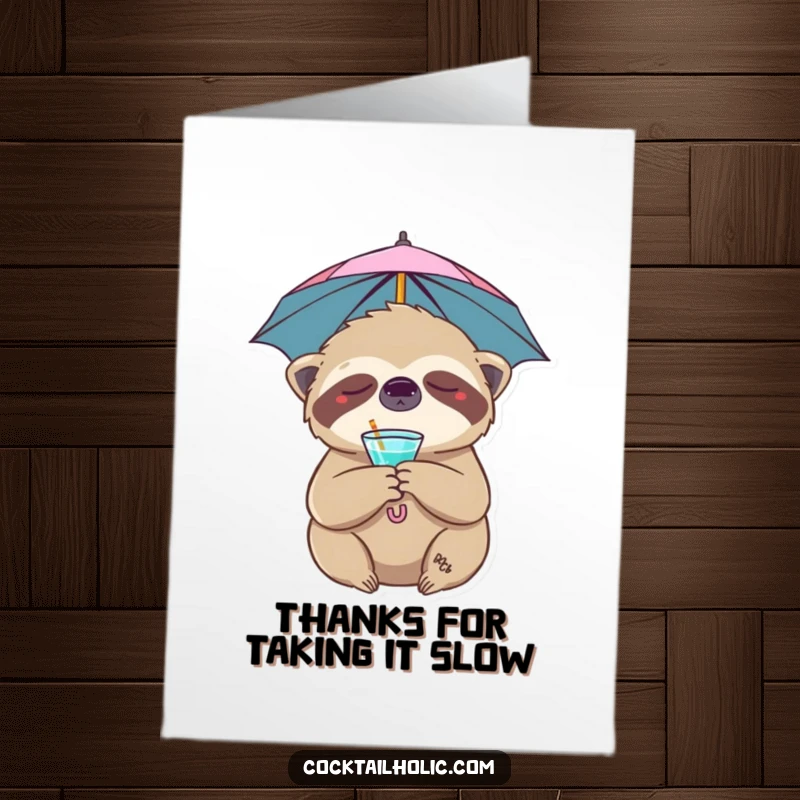 Funny Free Printable Thank You Card: Sleepy sloth wearing a cocktail umbrella, expressing appreciation with a relaxed vibe.
