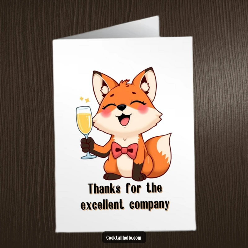 Funny Free Printable Thank You Card: A giggling fox in a bow tie raises a tiny champagne flute, offering a stylish and funny thank you.