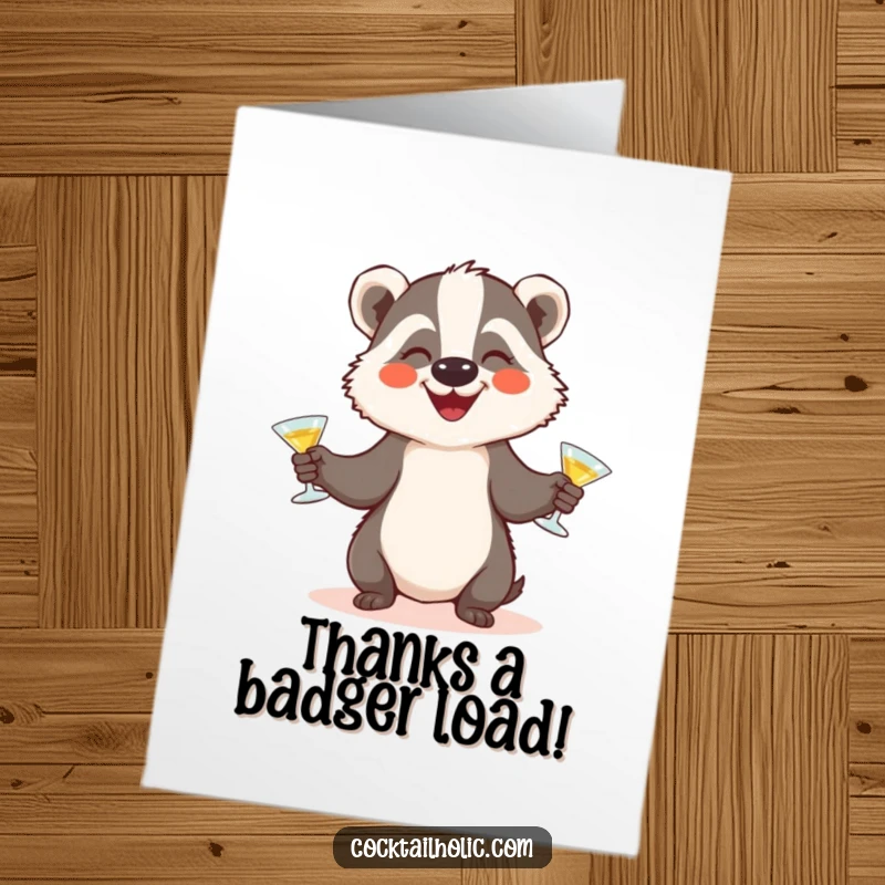 Funny free printable thank you card: a smiling badger juggles tiny cocktail glasses, offering thanks with flair.