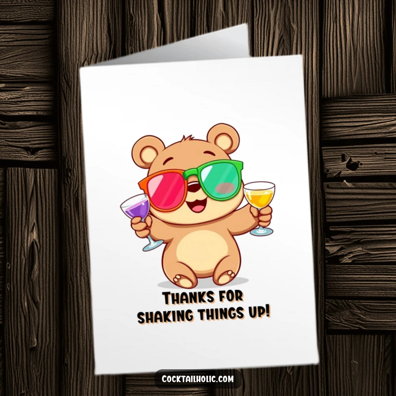 Funny Free Printable Thank You Card: Happy bear juggling cocktail glasses to say thanks with humor.