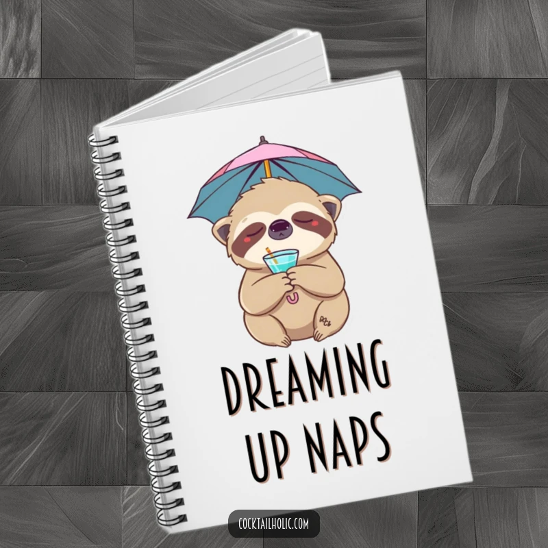 Funny sloth notebook with a sleepy character and cocktail umbrella, perfect for jotting down ideas with humorous inspiration.