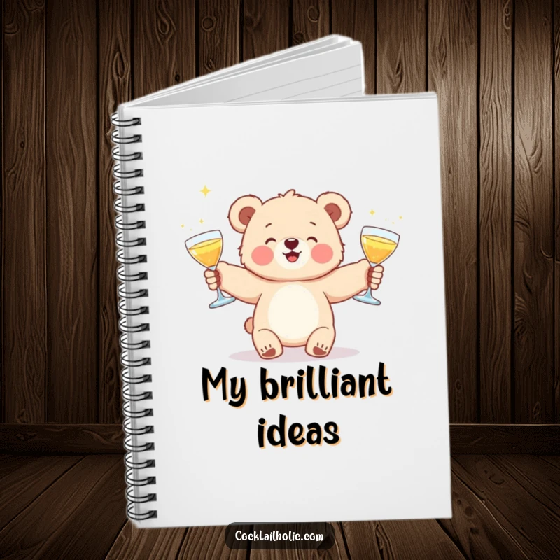 Funny notebook with a charming bear cub juggling cocktail glasses, perfect for notes and doodles.