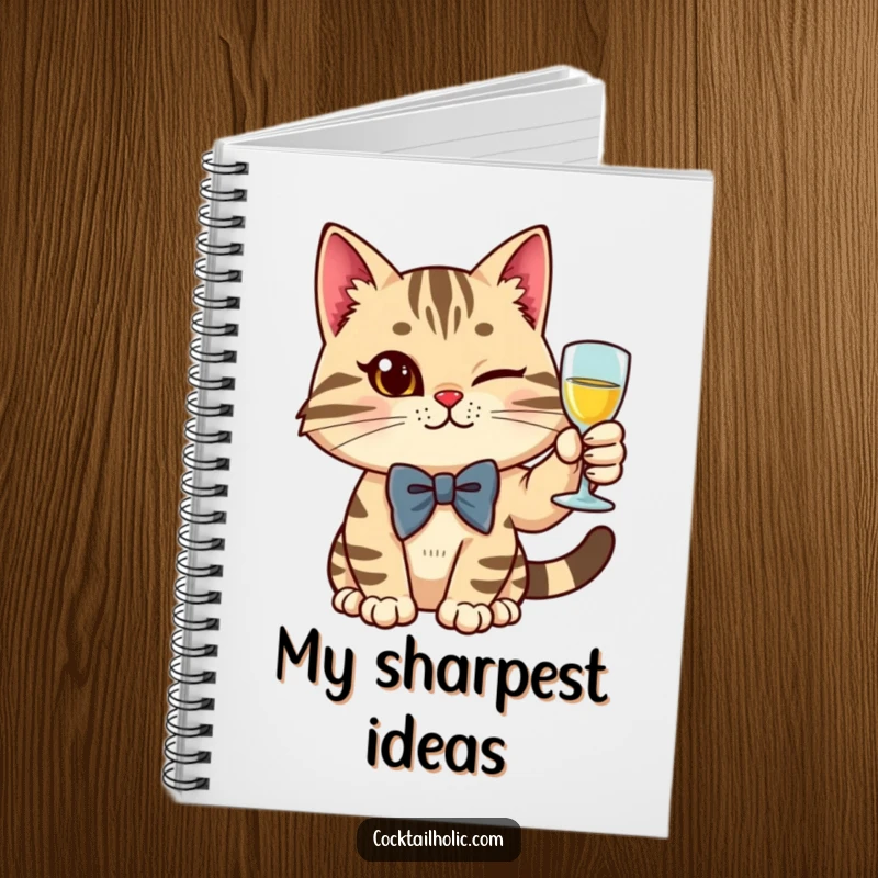 Funny stylish cat wearing a bow tie, raising a glass with a wink, on the cover of a notebook.