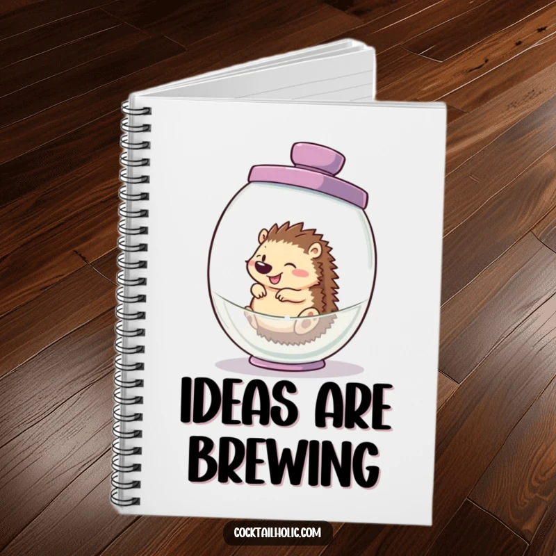 Funny hedgehog notebook, peeking out from a cocktail shaker, ready to record funny thoughts and creative inspirations.