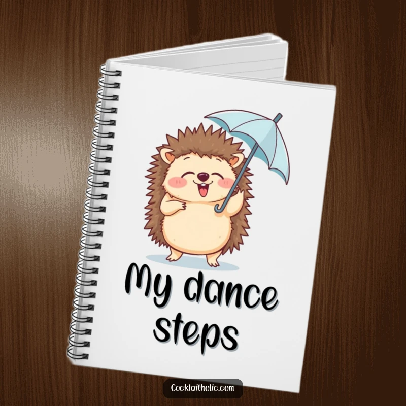 Funny notebook with a giggling hedgehog doing a silly dance, holding a tiny umbrella, ideal for notes and sketches.