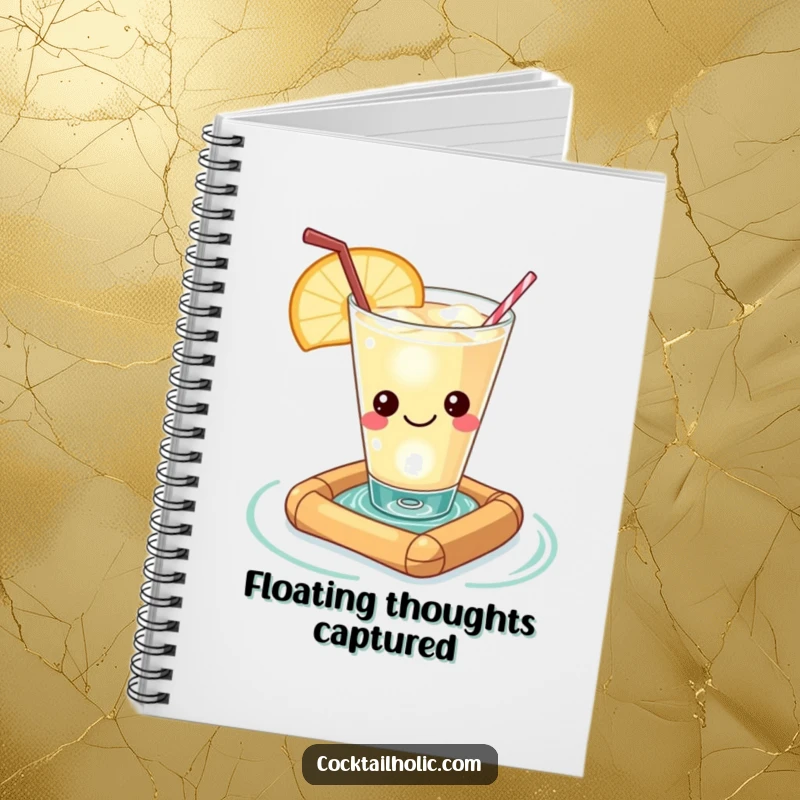 Funny Kawaii cocktail glass with a contented smile, floating on a miniature raft, a peaceful and humorous notebook.