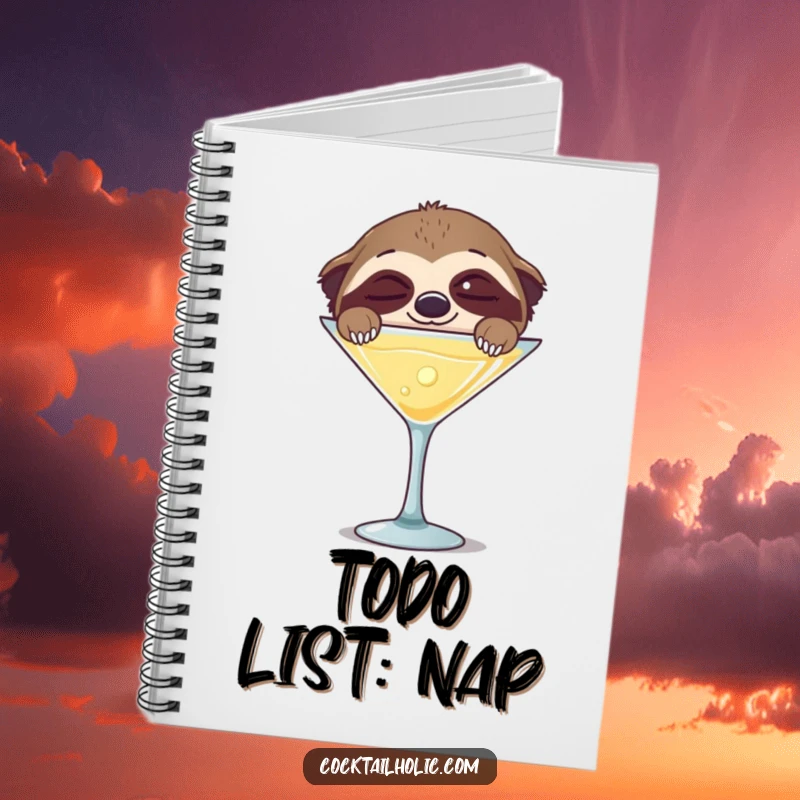 Funny notebook with a sleepy sloth peeking over a giant martini glass, ideal for relaxed writing and journaling.