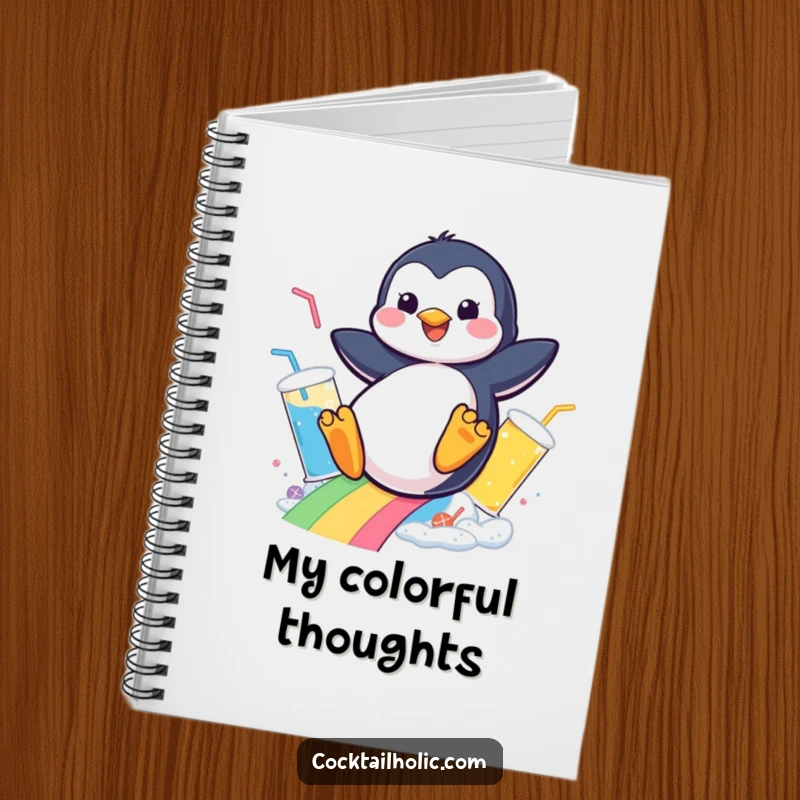 Funny notebook cover featuring a cheerful penguin sliding down a rainbow of fizzy drinks, inspiring creative writing.