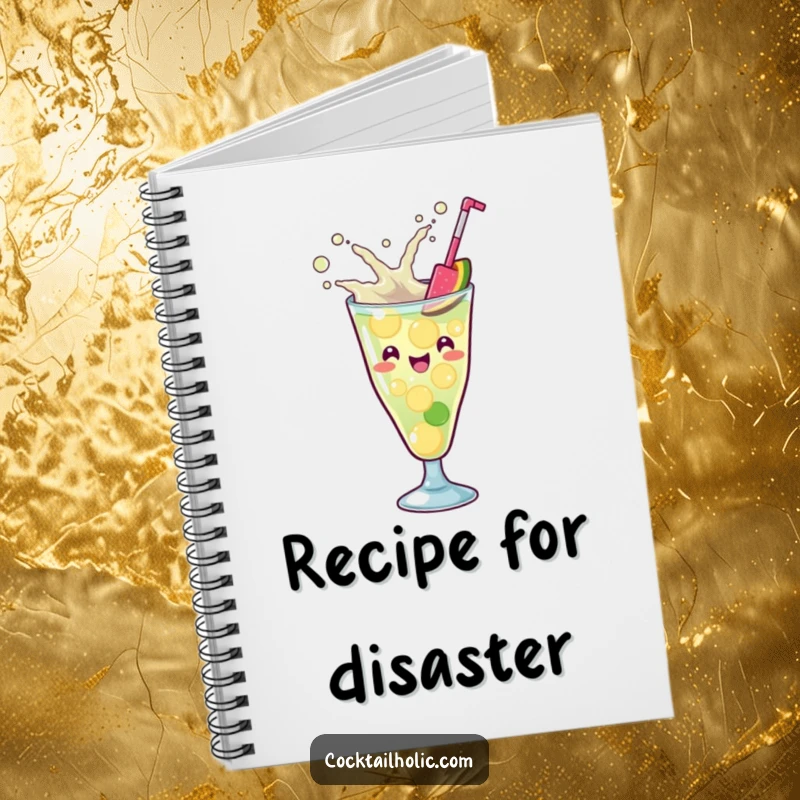 Funny Kawaii cocktail glass with a playful splash, energetically mixing ingredients, a vibrant and humorous notebook.