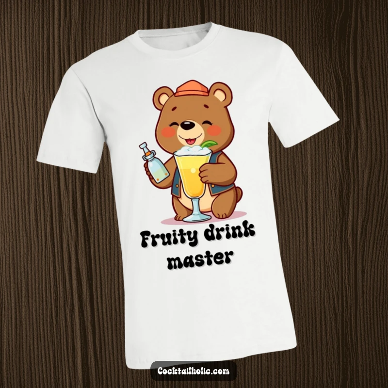 Funny bear bartender shaking a frothy cocktail, on a stylish t-shirt.