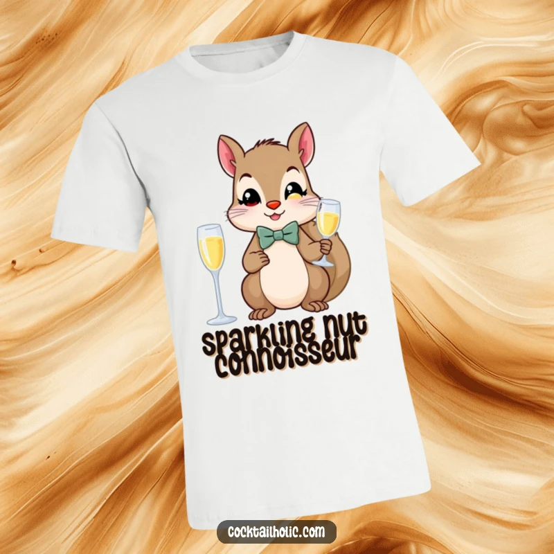 Funny squirrel in a bow tie, holding a champagne flute, on a trendy t-shirt.