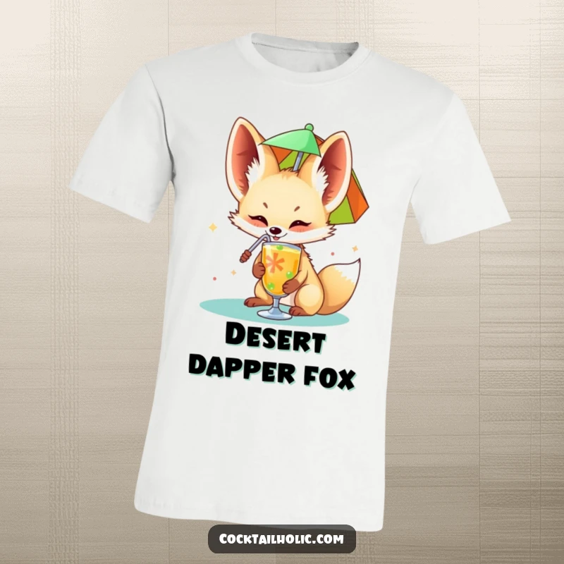 Funny fennec fox t-shirt happily sipping from a colorful drink umbrella, humorous apparel for beach lovers.
