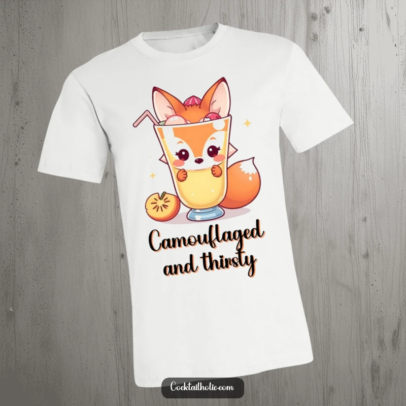 Funny fox t-shirt with a shy character peeking behind a giant cocktail, perfect for subtle humor and a funny gift.