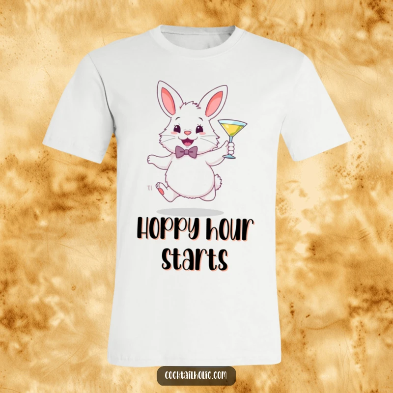 Funny t-shirt showcasing a fluffy white bunny in a bowtie, gleefully hopping with a miniature martini glass, embodying party cheer.
