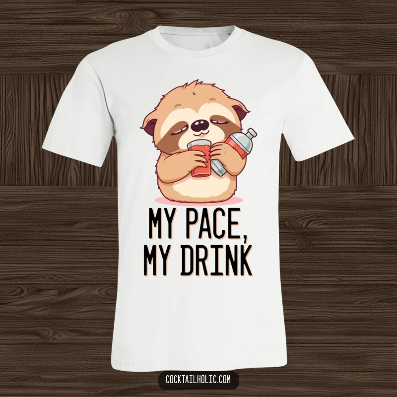 Funny T-Shirt with a cute, drowsy sloth character leaning on a small stuffed cocktail shaker, radiating ultimate relaxation and humor.