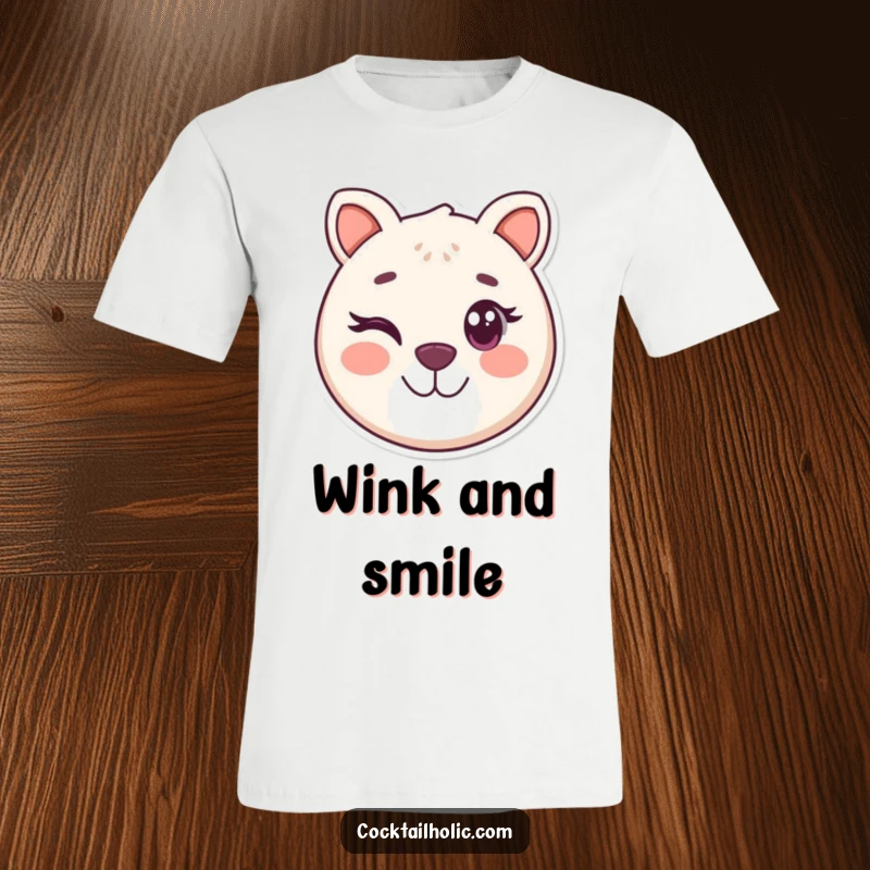 Funny t-shirt with a round, smiling animal face character playfully winking, a cheerful and humorous apparel choice.