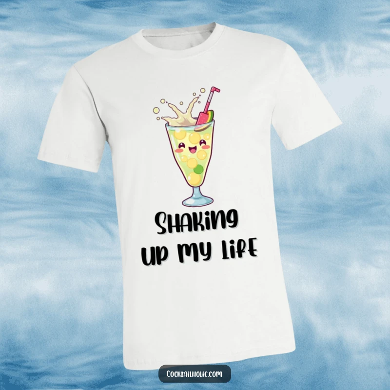 Funny Kawaii cocktail glass with a playful splash, energetically mixing ingredients, a dynamic and humorous graphic tee.