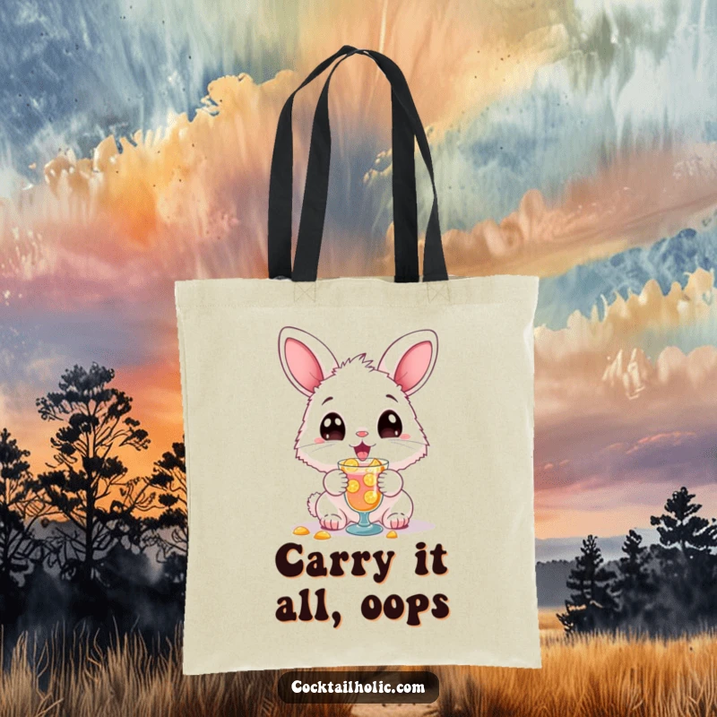 Funny tote bag featuring a fluffy bunny gleefully spilling a cocktail, designed for stylish and humorous everyday use.