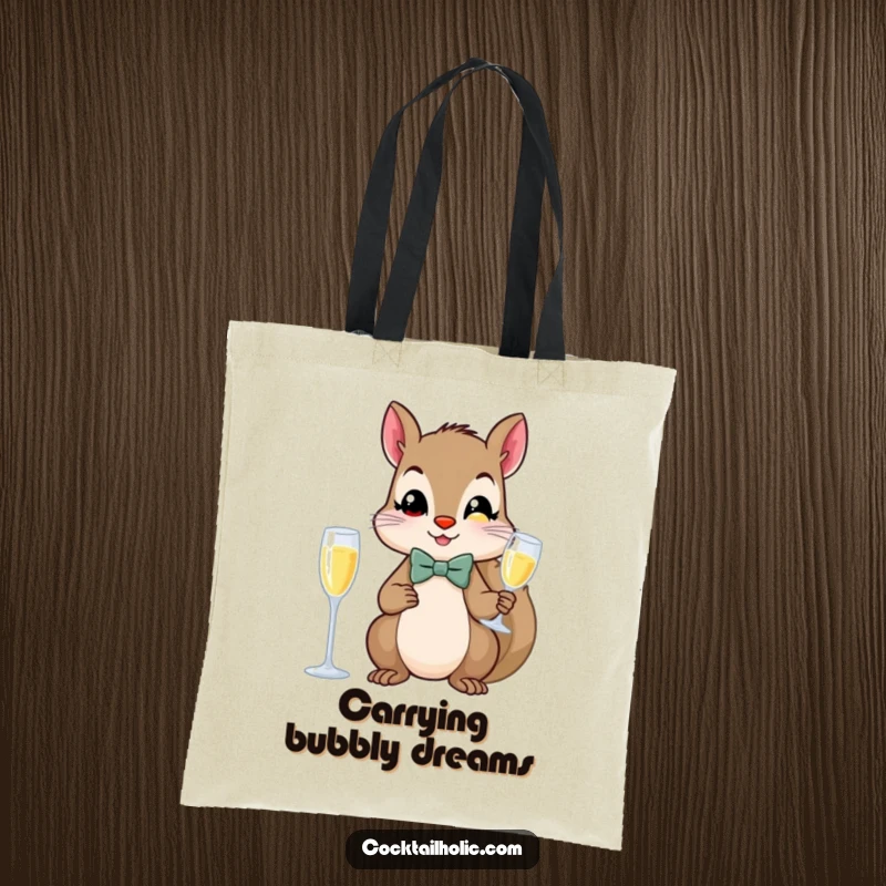 Funny squirrel in a bow tie, holding a champagne flute, on a stylish tote bag.