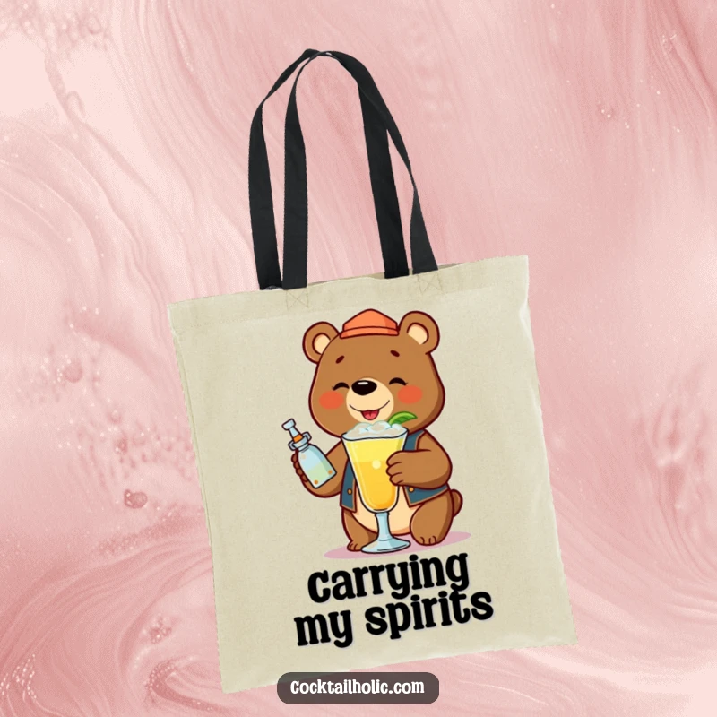 Funny bear bartender shaking a frothy cocktail, on a durable tote bag.