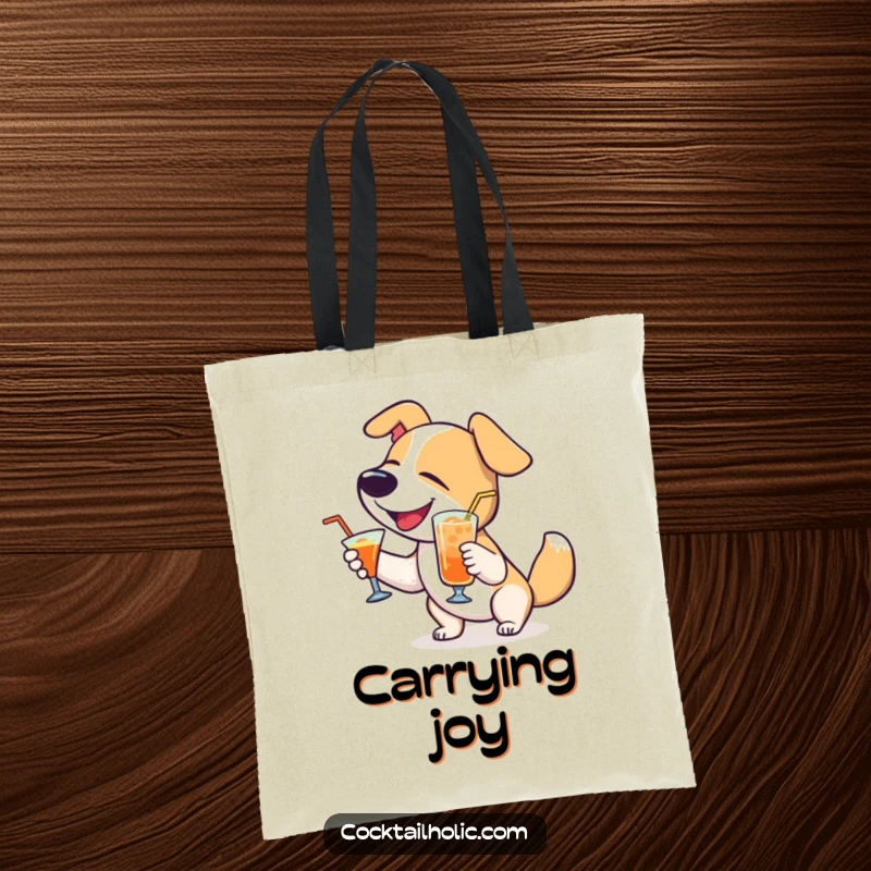 Funny Dog Tote Bag: Delighted dog wagging tail with a cocktail, a humorous and practical tote for everyday use.