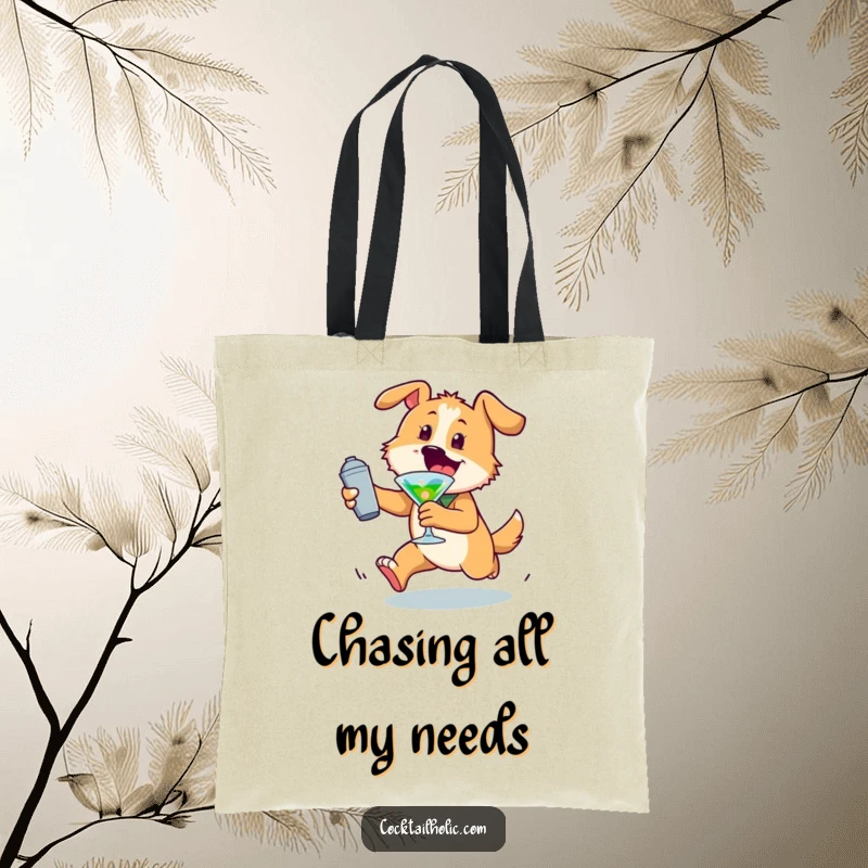 Funny dog tote bag with an energetic character chasing a cocktail shaker, great for carrying essentials with playful humor.