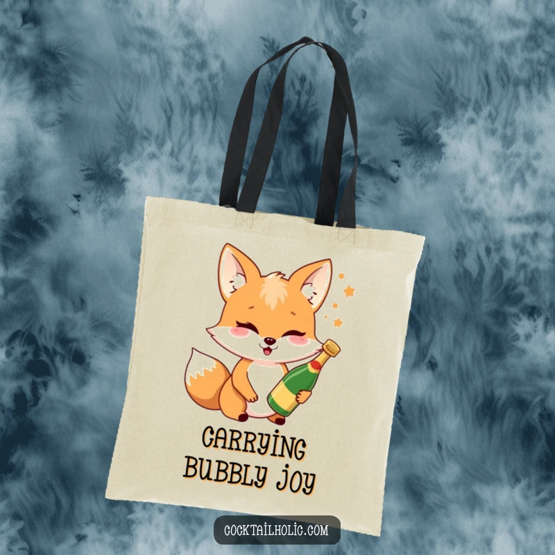 Funny fox Champagne tote bag showcasing a cheerful fox winking and holding a miniature bottle, perfect for carrying party supplies.